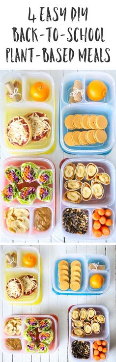 the lunch box is filled with different types of food and has text overlay that says easy diy back - to - school plant - based meals