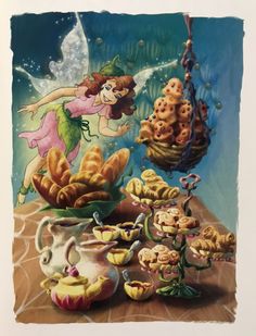 a painting of a fairy with cookies and other items