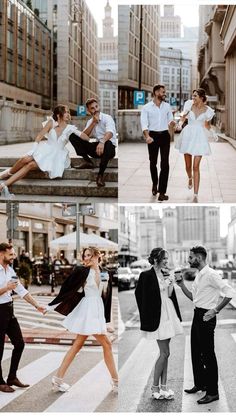 people are walking down the street in white dresses and tuxedos, one man is sitting on a bench