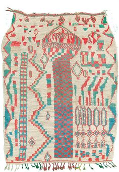 an old rug with colorful designs and fringes on the bottom, in white background