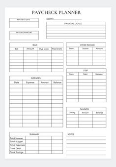 a printable pay sheet with the words paycheck planner written in black on it