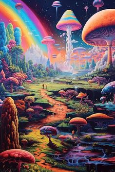 a painting of many different types of mushrooms in the forest with rainbows and trees