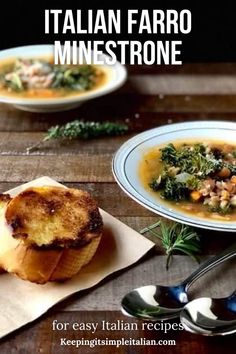 two bowls of italian farro minestone soup with bread and spoons on the side