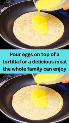 someone is pouring yellow sauce on top of a tortilla in a skillet