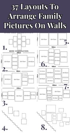 a family tree with the words, 37 layouts to arrange family pictures on walls