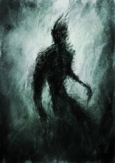 an abstract painting of a person walking in the fog with his arms outstretched and head down