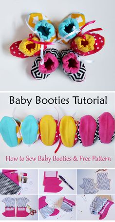 the instructions for how to sew baby booties and free pattern are shown here