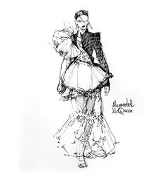 a drawing of a woman in a dress with flowers on the skirt and her hair pulled back