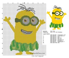 a cross stitch pattern with an image of a yellow minion wearing sunglasses and a green dress