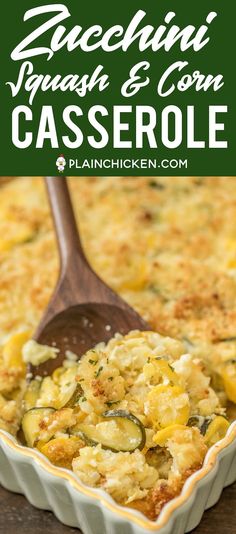 a casserole dish with zucchini, squash and corn in it on a wooden table