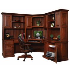 an office desk with wooden cabinets and a computer on the top shelf, in front of a white background