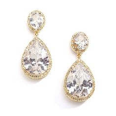 two pairs of gold tone earrings with clear crystal tears and pave diamonds on each ear