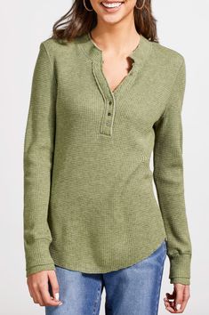 Indulge in comfort and effortless pairing when you wear this long-sleeve henley crafted from brushed waffle knit fabric with a soft wash and a range of charming colorways. This wardrobe must-have features a close fit, a classic button-embellished henley neckline, and raw edges at the sleeves and hem. Pop-over v-neck henley with buttons Close fit Long sleeve Raw edge detail at sleeve and hem Brushed chunky waffle knit fabric Material 43% Rayon/rayonne 34% Polyester 9% Nylon 4% Spandex Care Machin Yoga Jeans, Jacket Cape, Top With Buttons, Jumpsuit And Blazer, Jag Jeans, Low Low, Henley Top, Cardigan Vest, Low Iron