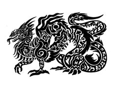 a black and white drawing of a dragon with intricate designs on it's body