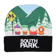 Step into the zany universe of South Park with this meticulously designed beanie hat, celebrating the quartet that has captivated fans for decades. Adorning the crown is a vibrant, sublimated design that vividly captures Cartman, Stan, Kyle, and Kenny in their amazing style, waiting at their ever-familiar wintery bus stop. The cuff has an embroidered logo design. The cuff and inside are crafted with 100% premium acrylic The outer crown with sublimated design is Polyester. The beanie promises not Winter Snapback Hats For Sports Events, Novelty Cap Beanie One Size Fits Most, Novelty One Size Fits Most Cap Beanie, Novelty One-size-fits-most Beanie Cap, One Size Beanie For Sports Events, One Size Fits Most Beanie For Sports Events, One Size Fits Most Sports Beanie, South Park Beanie, Kyle And Kenny