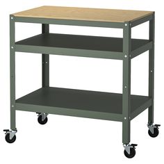 a metal shelf with two shelves on wheels