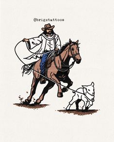 a man riding on the back of a brown horse next to a white and black dog