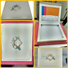 four different pictures of an open box with designs on the inside and outside, including flowers