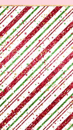 a red, green and white striped background with gold glitters on it's edges