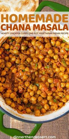 homemade chana masala in a green pot