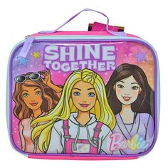 a lunch box with two girls on it and the words shine together in pink, blue, and purple