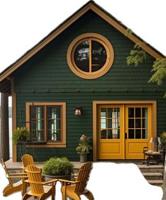 a green house with yellow doors and chairs