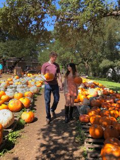 a man and woman walking down a path surrounded by lots of pumpkins on display