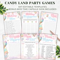 the candy land party games are shown in four different colors and font, with an image of