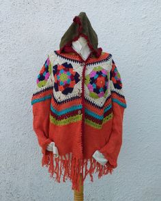 MANDALA BREEZE Hooded Colorful Fringed Cardigan, Boho Chic, Multicolored Crochet, Orange Hippy Tunic, Bohemian Crochet, Hippie by Papicca on Etsy One Size Cozy Outerwear For Festivals, Cozy One Size Outerwear For Festivals, Bohemian Fall Knit Cardigan, Bohemian Knitted Cardigan For Fall, Fall Bohemian Knitted Cardigan, One Size Bohemian Knit Cardigan, Cozy Fall Festival Cardigan, Orange Knitted Outerwear For Winter, Winter Knitted Orange Outerwear