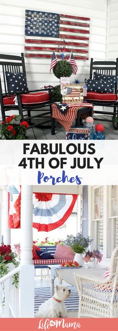 the front porch is decorated with american flags and red white and blue decorations for fourth of july