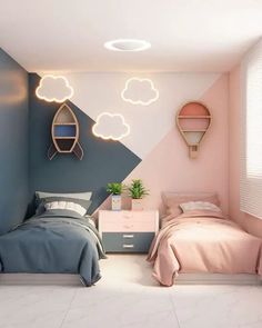 two beds in a room with pink, blue and white walls that have clouds painted on them