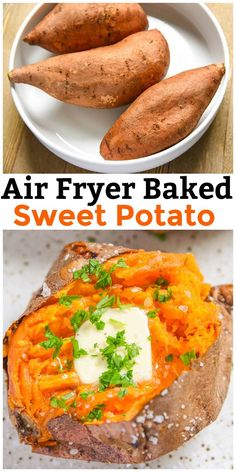 air fryer baked sweet potatoes with butter and parsley on top