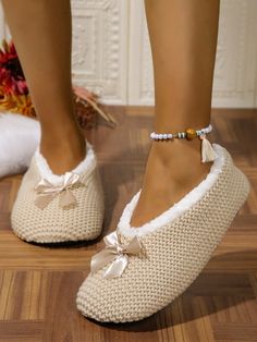 Women's New Comfortable Plush Bowknot Design Slip-On Slippers With Anti-Slip Sole For Indoor Wear Beige Vacation,Fashionable    Plain    Women Shoes, size features are:Bust: ,Length: ,Sleeve Length: Cute House Shoes, Knitted Shoes, Cosmetic Bag Organization, Women Lipstick, Indoor Shoes, Knit Shoes, Warm Shoes, Cute House, Toiletry Bag Travel