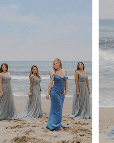 four women in long dresses standing on the beach, one wearing an off shoulder dress