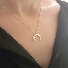 -The Moon, double horn Style pendant is made with high-quality 14K solid gold. - This dainty, delicate and trendy pendant necklace has been artfully designed for timeless yet modern millennial fashion. - This 14K solid gold pendant comes with a beautiful matching 14K gold chain. - You receive the pendant in a beautiful and free gift box. - Free shipping (Arrive within 4 business days to USA and Canada ( 1 day for production + 3 days for shipment)) - This necklace is a perfect and special gift fo Elegant Crescent Charm Necklace With Delicate Chain, Elegant Everyday Crescent Charm Necklace, Elegant Half Moon Charm Necklace For Gifts, Yellow Gold Crescent Charm Necklace As Gift, Gold Plated Crescent Jewelry, Crescent Moon Charm Necklace, Gold Crescent Moon Necklace, Trendy Pendant Necklace, Millennial Fashion