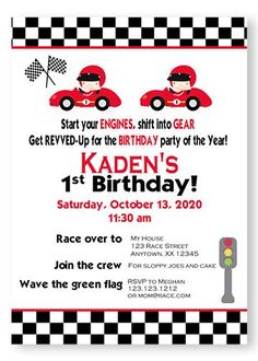 a race car birthday party card with an image of two cars on the front and back