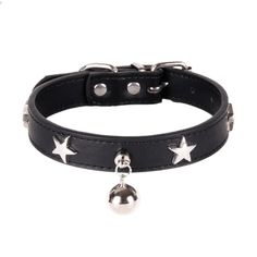 a black leather collar with silver stars and bells on the collar is attached to a metal bell