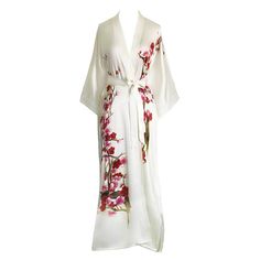 Handpainted Cherry Blossom Kimono Robe Cherry Blossom White, Long Silk Kimono, Silk Robe Long, Old Shanghai, White Kimono, Silk Kimono Robe, Silk Robe, Long Kimono, Pretty Lingerie