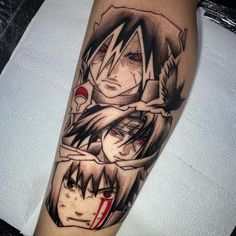 an arm with some tattoos on it and two anime characters in the middle of it