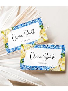 Blue Tiles Lemon Wedding Place Cards Template, Mediterranean Name Cards Italian Amalfi Coast Printable Escort Cards, Name Cards Template W13 Amalfi Party, Lemons Wedding, Mediterranean Blue