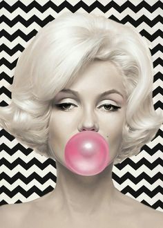 a painting of a woman with white hair and pink bubble in front of black and white chevron background