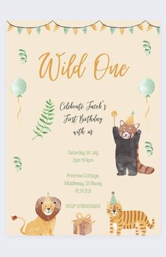 an animal themed birthday party with balloons and animals on the front, including a bear, zebra