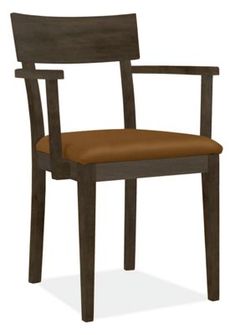 a wooden chair with brown upholstered seat and armrests on an isolated white background