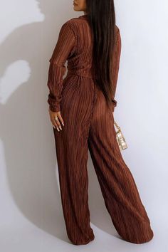 Dark Brown Casual Solid Bandage V Neck Long Sleeve Two Pieces Wide Leg Outfits, Wide Leg Outfit, Legs Outfit, Bodycon Tops, Satin Set, Brown Long Sleeve, Custom Size Dresses, Multi Dress, Fabric Suppliers