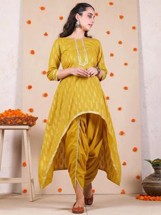 Buy Rustorange Yellow Gold Printed Dhoti and Asymmetric Kurta with Gota Details (Set of 2) Online Kurta Styling, Asymmetric Kurta, Haldi Dress, Diwali Dresses, Party Wear Indian Dresses, Kurta With Pants, Stylish Dress Designs, Gold Print