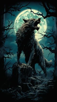 a wolf standing on top of a rock in front of a full moon with trees