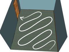 a drawing of a room with a door and carpet on the floor that has an arrow drawn in it