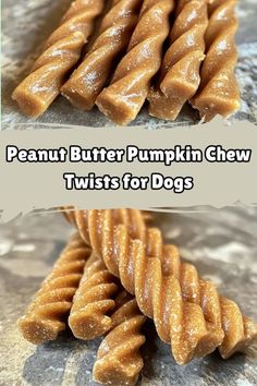 two pictures of peanut butter pumpkin chew twists on top of each other with the words, peanut butter pumpkin chew twists for dogs