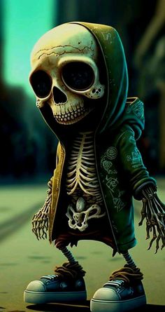 a cartoon skeleton in a green jacket and sneakers standing on the street with his head turned to the side