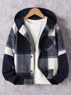 Blue and White Casual Collar Long Sleeve Fabric Plaid Other Embellished Non-Stretch  Boys Clothing Boys Street Style, Men Outerwear, Boys Plaid, Long Sleeve Outerwear, Boys Fleece, Long Sleeves Coats, Mens Plaid, Hooded Shirt, Boys Jacket